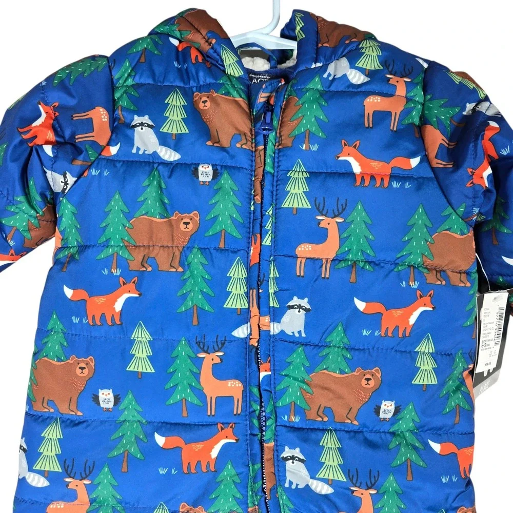 The Childrens Place Puffer Snowsuit Baby 6-9M Blue Woodland Animals NWT